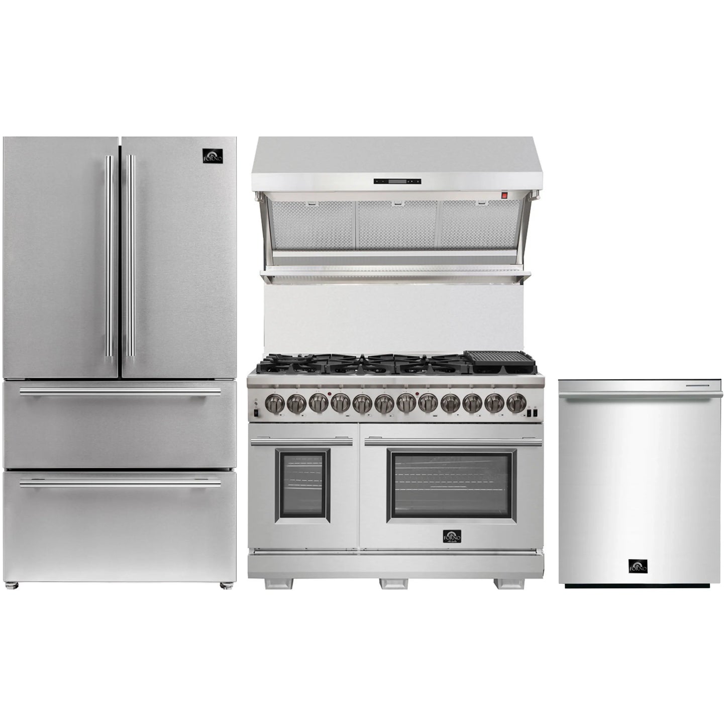 Forno 4-Piece Pro Appliance Package - 48-Inch Dual Fuel Range, 36-Inch French Door Refrigerator, Wall Mount Hood with Backsplash, & Dishwasher in Stainless Steel - AP4-6187-48