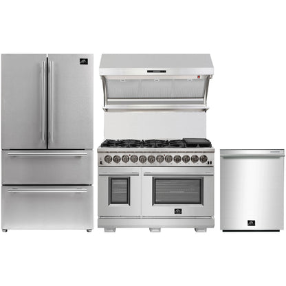 Forno 4-Piece Pro Appliance Package - 48-Inch Dual Fuel Range, 36-Inch French Door Refrigerator, Wall Mount Hood with Backsplash, & Dishwasher in Stainless Steel - AP4-6187-48