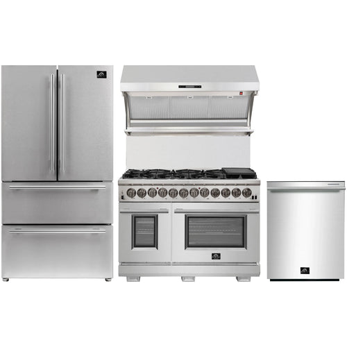 Forno 4-Piece Pro Appliance Package - 48-Inch Dual Fuel Range, 36-Inch French Door Refrigerator, Wall Mount Hood with Backsplash, & Dishwasher in Stainless Steel - AP4-6187-48