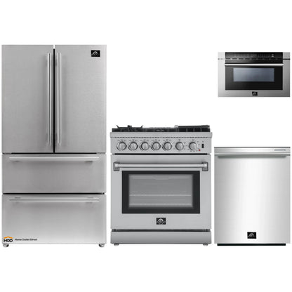 Forno 4-Piece Appliance Package - 30-Inch Dual Fuel Range with Air Fryer, Refrigerator, 24-Inch Microwave Drawer, & 3-Rack Dishwasher in Stainless Steel - AP4-6196-30-MWD