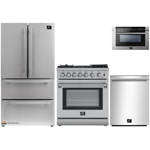 Forno 4-Piece Appliance Package - 30-Inch Dual Fuel Range with Air Fryer, Refrigerator, 24-Inch Microwave Drawer, & 3-Rack Dishwasher in Stainless Steel - AP4-6196-30-MWD