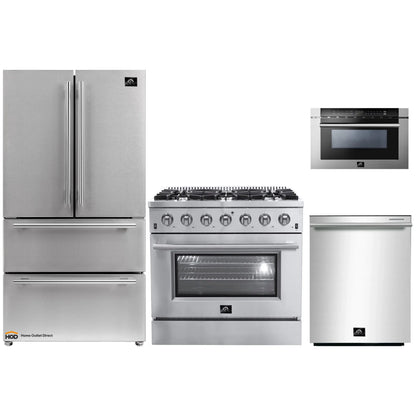 Forno 4-Piece Appliance Package - 36-Inch Gas Range, Refrigerator, 24-Inch Microwave Drawer, & 3-Rack Dishwasher in Stainless Steel - AP4-6244-36-MWD
