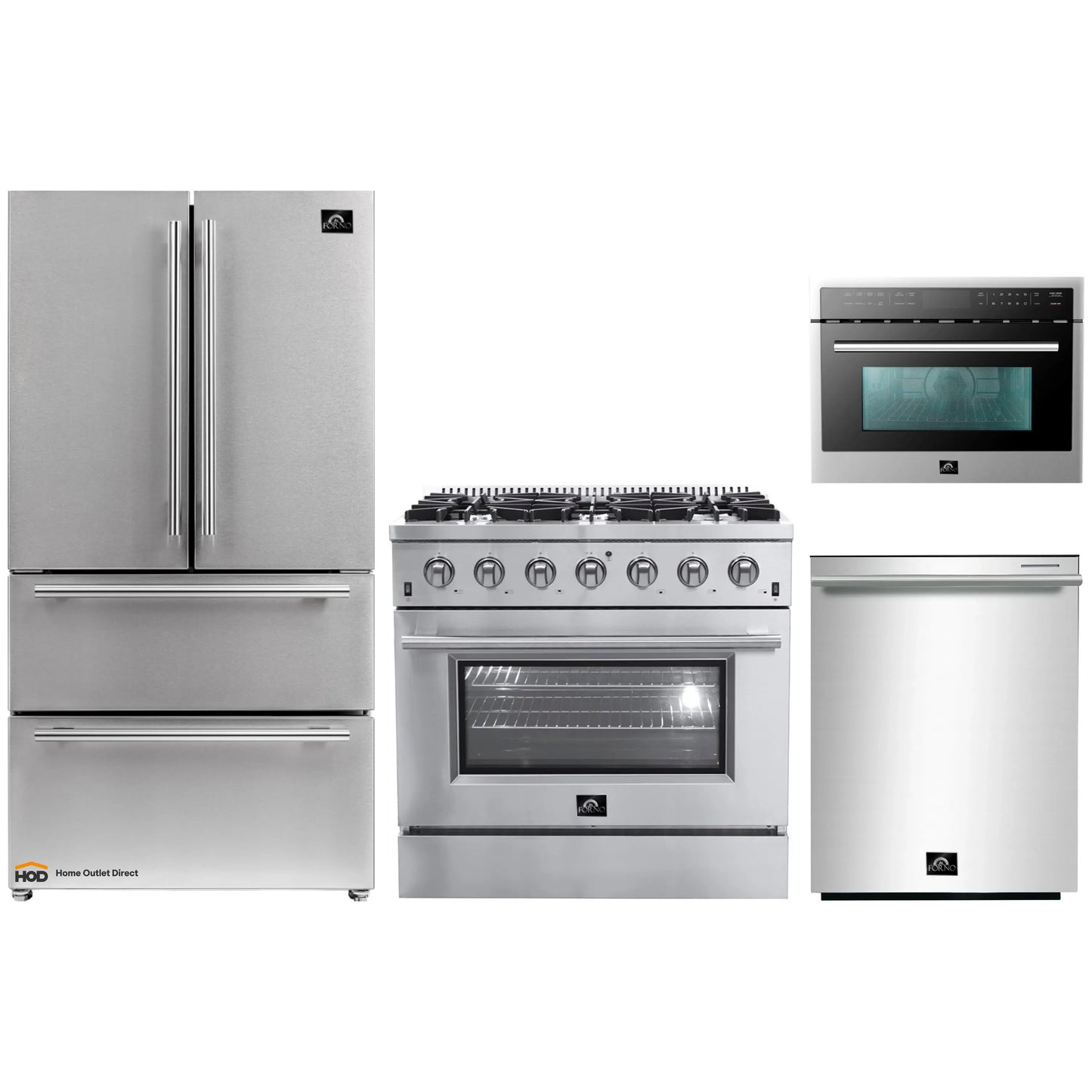 Forno 4-Piece Appliance Package - 36-Inch Gas Range, Refrigerator, 24-Inch Microwave Oven, & 3-Rack Dishwasher in Stainless Steel - AP4-6244-36-MWO