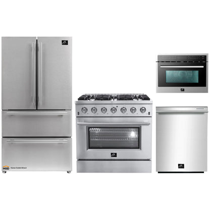 Forno 4-Piece Appliance Package - 36-Inch Gas Range, Refrigerator, 24-Inch Microwave Oven, & 3-Rack Dishwasher in Stainless Steel - AP4-6244-36-MWO