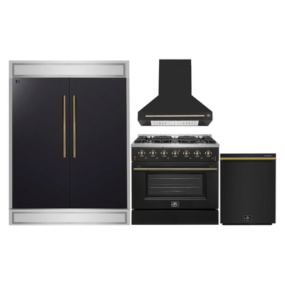Forno 4-Piece Appliance Package - 36-Inch Gasl Fuel Range, Wall Mount Range Hood, 60-Inch Built-In Convertible Refrigerator, and Dishwasher in Black with Antique Brass Handle - AP4-6244-36BLK-5095-60MG