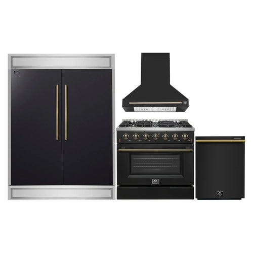 Forno 4-Piece Appliance Package - 36-Inch Gasl Fuel Range, Wall Mount Range Hood, 60-Inch Built-In Convertible Refrigerator, and Dishwasher in Black with Antique Brass Handle - AP4-6244-36BLK-5095-60MG