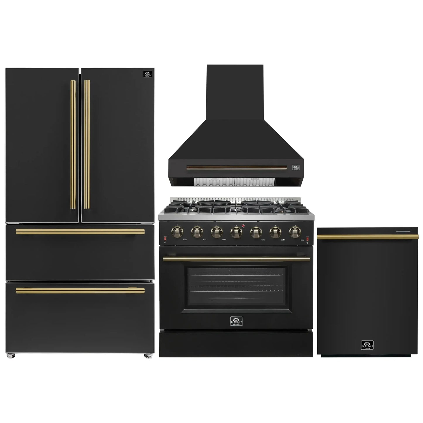 Forno 4-Piece Appliance Package - 36-Inch Gas Range, Wall Mount Range Hood, 36-Inch French Door Refrigerator, and Dishwasher in Black with Antique Brass Handle - AP4-6244-36BLK-5095