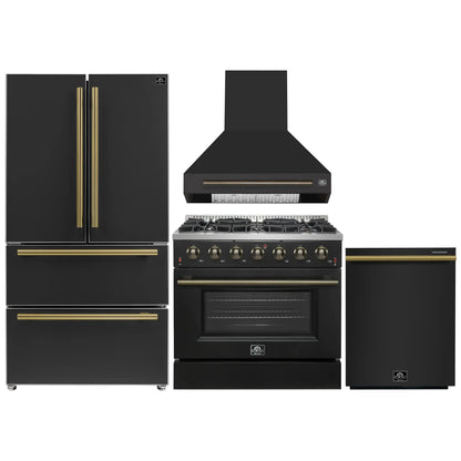 Forno 4-Piece Appliance Package - 36-Inch Gas Range, Wall Mount Range Hood, 36-Inch French Door Refrigerator, and Dishwasher in Black with Antique Brass Handle - AP4-6244-36BLK-5095