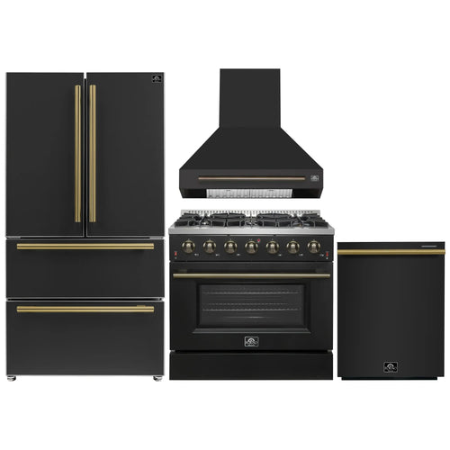 Forno 4-Piece Appliance Package - 36-Inch Gas Range, Wall Mount Range Hood, 36-Inch French Door Refrigerator, and Dishwasher in Black with Antique Brass Handle - AP4-6244-36BLK-5095