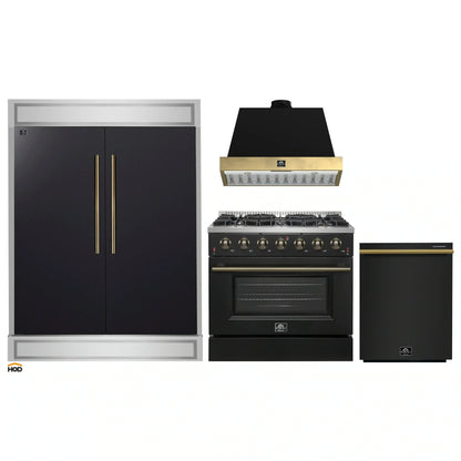 Forno 4-Piece Appliance Package - 36-Inch Gas Range, Wall Mount Range Hood, 60-Inch Convertible Refrigerator with Modern Trim, and Dishwasher in Black with Antique Brass Handle - AP4-6244-36BLK-60MG