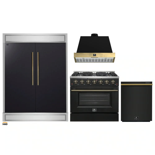 Forno 4-Piece Appliance Package - 36-Inch Gas Range, Wall Mount Range Hood, 60-Inch Convertible Refrigerator with Modern Trim, and Dishwasher in Black with Antique Brass Handle - AP4-6244-36BLK-60MG