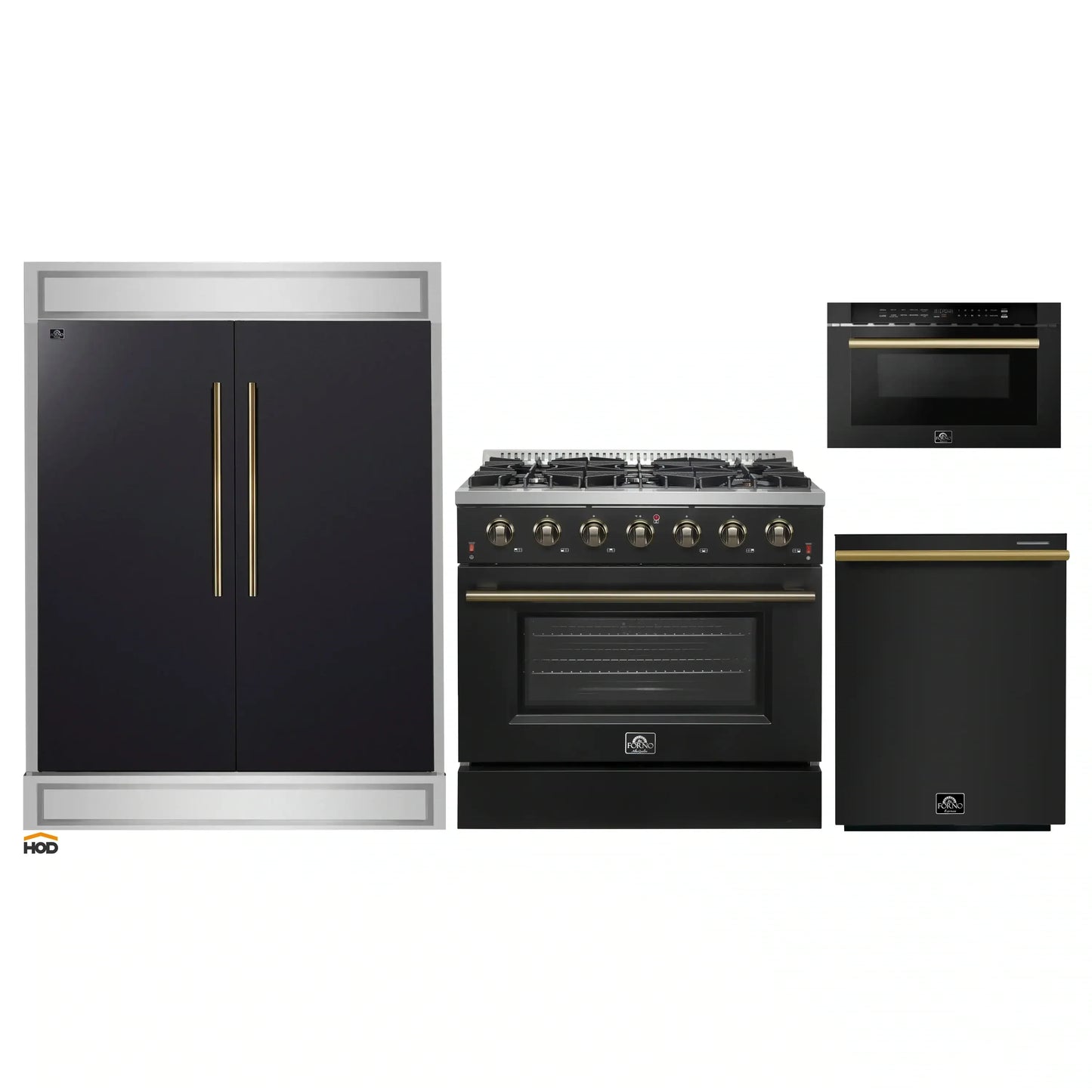 Forno 4-Piece Appliance Package - 36-Inch Gas Range, 60-Inch Convertible Refrigerator with Modern Trim, Dishwasher, and 24-Inch Microwave Drawer in Black with Antique Brass Handle - AP4-6244-36BLK-MWD24-60MG