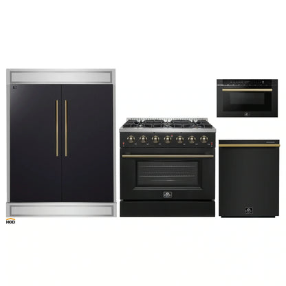 Forno 4-Piece Appliance Package - 36-Inch Gas Range, 60-Inch Convertible Refrigerator with Modern Trim, Dishwasher, and 24-Inch Microwave Drawer in Black with Antique Brass Handle - AP4-6244-36BLK-MWD24-60MG
