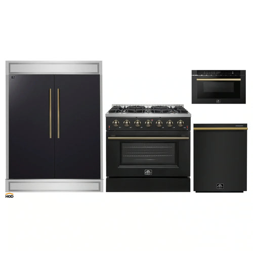 Forno 4-Piece Appliance Package - 36-Inch Gas Range, 60-Inch Convertible Refrigerator with Modern Trim, Dishwasher, and 24-Inch Microwave Drawer in Black with Antique Brass Handle - AP4-6244-36BLK-MWD24-60MG