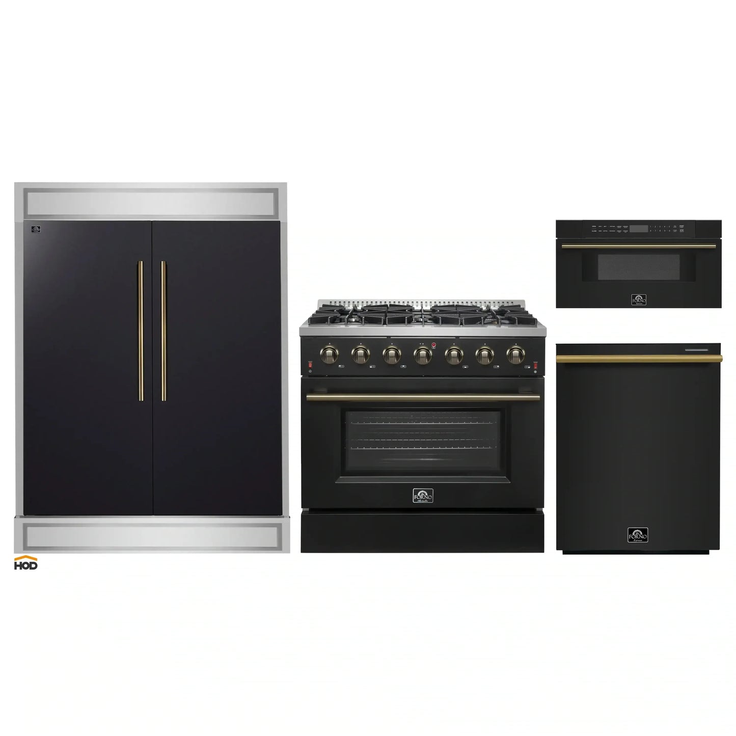Forno 4-Piece Appliance Package - 36-Inch Gas Range, 60-Inch Convertible Refrigerator with Modern Trim, Dishwasher, and 30-Inch Microwave Drawer in Black with Antique Brass Handle - AP4-6244-36BLK-MWD30-60MG