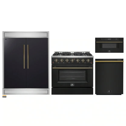 Forno 4-Piece Appliance Package - 36-Inch Gas Range, 60-Inch Convertible Refrigerator with Modern Trim, Dishwasher, and 30-Inch Microwave Drawer in Black with Antique Brass Handle - AP4-6244-36BLK-MWD30-60MG