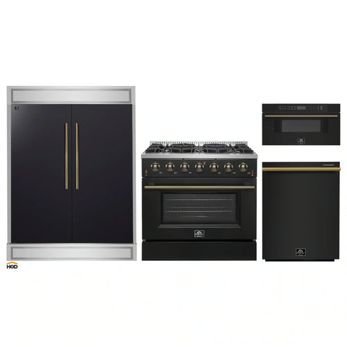Forno 4-Piece Appliance Package - 36-Inch Gas Range, 60-Inch Convertible Refrigerator with Modern Trim, Dishwasher, and 30-Inch Microwave Drawer in Black with Antique Brass Handle - AP4-6244-36BLK-MWD30-60MG