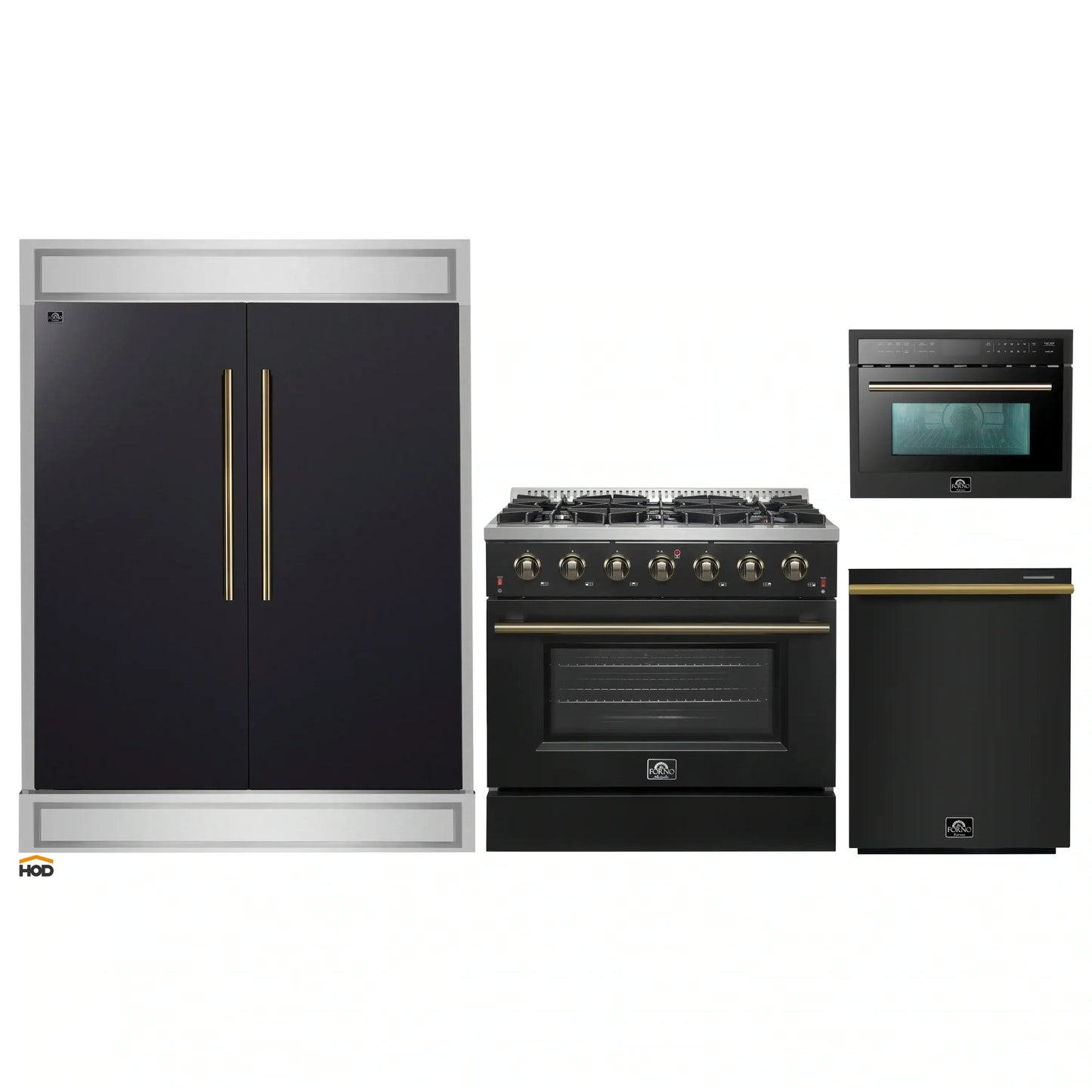 Forno 4-Piece Appliance Package - 36-Inch Gas Range, 60-Inch Convertible Refrigerator with Modern Trim, Dishwasher, and 24-Inch Microwave Oven in Black with Antique Brass Handle - AP4-6244-36BLK-MWO24-60MG