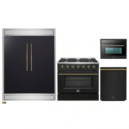 Forno 4-Piece Appliance Package - 36-Inch Gas Range, 60-Inch Convertible Refrigerator with Modern Trim, Dishwasher, and 24-Inch Microwave Oven in Black with Antique Brass Handle - AP4-6244-36BLK-MWO24-60MG