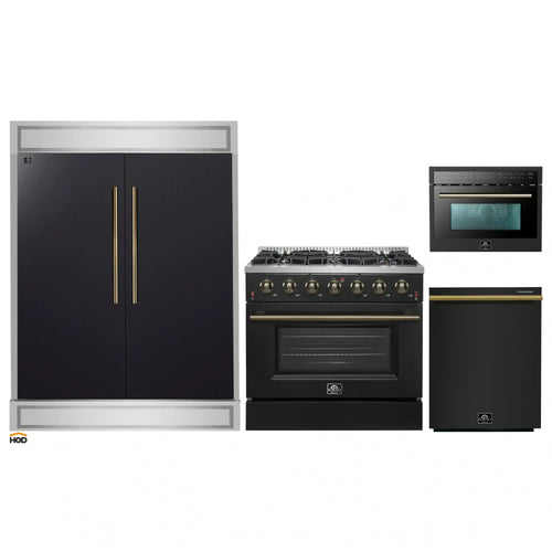 Forno 4-Piece Appliance Package - 36-Inch Gas Range, 60-Inch Convertible Refrigerator with Modern Trim, Dishwasher, and 24-Inch Microwave Oven in Black with Antique Brass Handle - AP4-6244-36BLK-MWO24-60MG