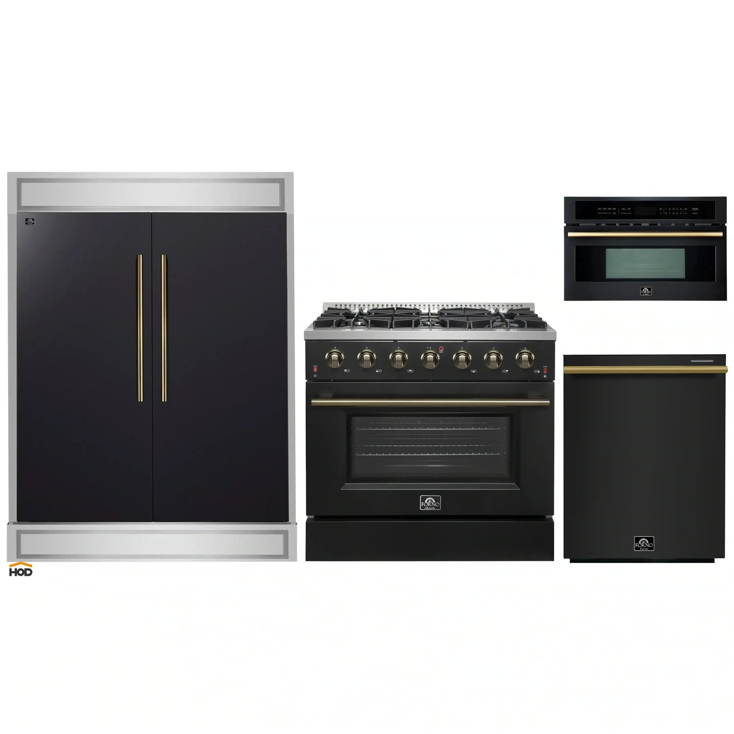 Forno 4-Piece Appliance Package - 36-Inch Gas Range, 60-Inch Convertible Refrigerator with Modern Trim, Dishwasher, and 30-Inch Microwave Oven in Black with Antique Brass Handle - AP4-6244-36BLK-MWO30-60MG
