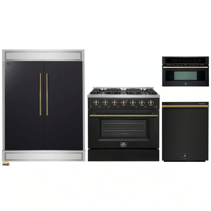 Forno 4-Piece Appliance Package - 36-Inch Gas Range, 60-Inch Convertible Refrigerator with Modern Trim, Dishwasher, and 30-Inch Microwave Oven in Black with Antique Brass Handle - AP4-6244-36BLK-MWO30-60MG