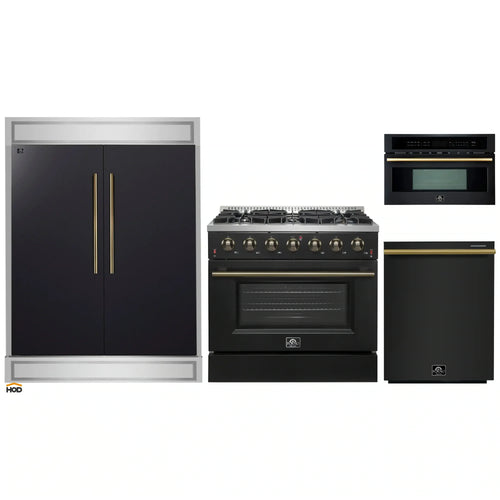 Forno 4-Piece Appliance Package - 36-Inch Gas Range, 60-Inch Convertible Refrigerator with Modern Trim, Dishwasher, and 30-Inch Microwave Oven in Black with Antique Brass Handle - AP4-6244-36BLK-MWO30-60MG