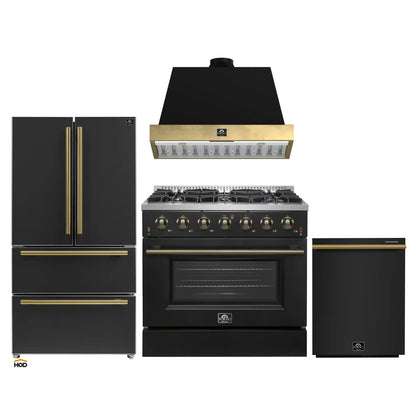 Forno Galiano 4-Piece Appliance Package - 36-Inch Gas Range, 36-Inch Hood, 36-Inch Refrigerator, & 24-Inch Dishwasher in Black with Antique Brass Trim - AP4-6244-36BLK
