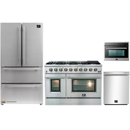 Forno 4-Piece Appliance Package - 48-Inch Gas Range, Refrigerator, 24-Inch Microwave Oven, & 3-Rack Dishwasher in Stainless Steel - AP4-6244-48-MWO
