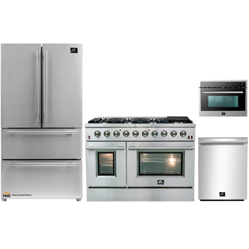 Forno 4-Piece Appliance Package - 48-Inch Gas Range, Refrigerator, 24-Inch Microwave Oven, & 3-Rack Dishwasher in Stainless Steel - AP4-6244-48-MWO