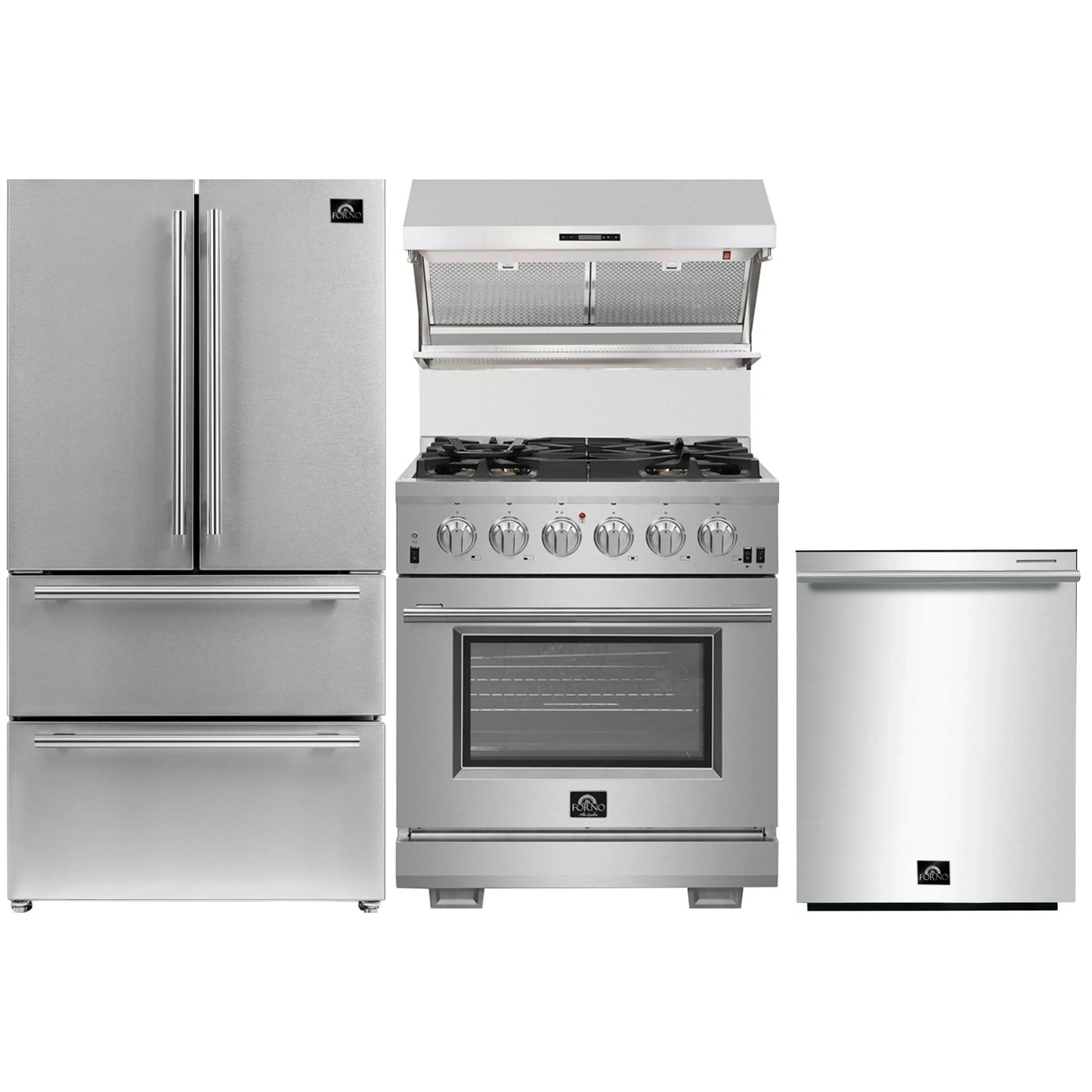 Forno 4-Piece Pro Appliance Package - 30-Inch Gas Range, French Door Refrigerator, Wall Mount Hood with Backsplash, and Dishwasher in Stainless Steel - AP4-6260-30