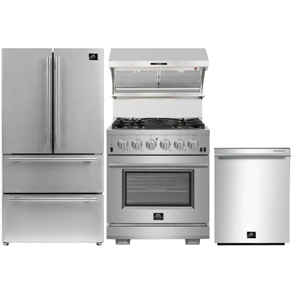Forno 4-Piece Pro Appliance Package - 30-Inch Gas Range, French Door Refrigerator, Wall Mount Hood with Backsplash, and Dishwasher in Stainless Steel - AP4-6260-30