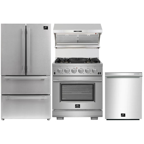 Forno 4-Piece Pro Appliance Package - 30-Inch Gas Range, French Door Refrigerator, Wall Mount Hood with Backsplash, and Dishwasher in Stainless Steel - AP4-6260-30