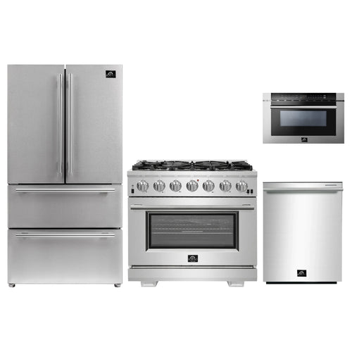 Forno 4-Piece Pro Appliance Package - 36-Inch Gas Range, Refrigerator, 24-Inch Microwave Drawer, & 3-Rack Dishwasher in Stainless Steel - AP4-6260-36-MWD