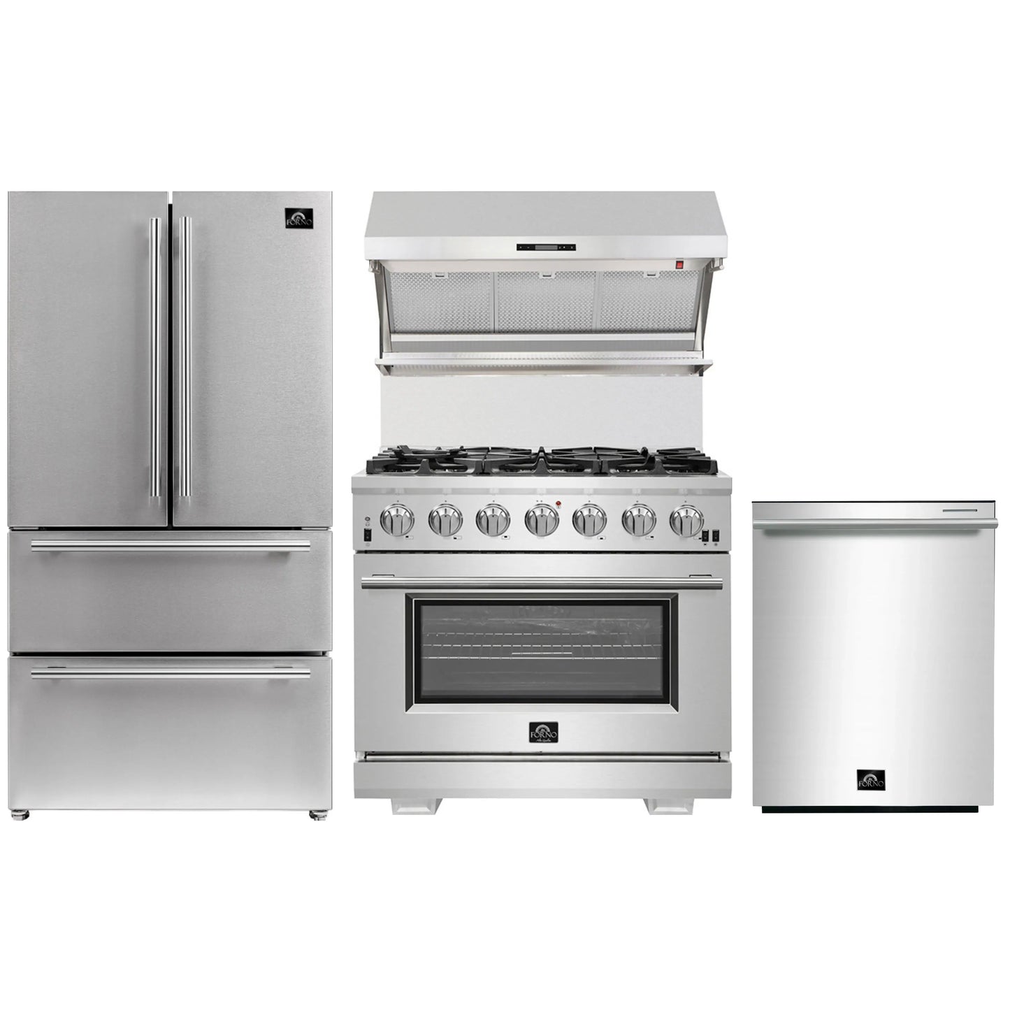 Forno 4-Piece Pro Appliance Package - 36-Inch Gas Range, Wall Mount Hood with Backsplash, 36-Inch French Door Refrigerator, and Dishwasher in Stainless Steel - AP4-6260-36