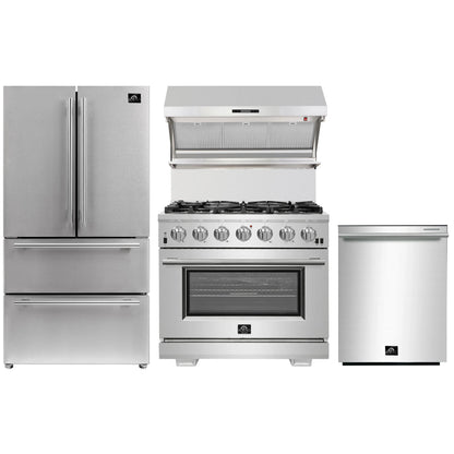 Forno 4-Piece Pro Appliance Package - 36-Inch Gas Range, Wall Mount Hood with Backsplash, 36-Inch French Door Refrigerator, and Dishwasher in Stainless Steel - AP4-6260-36