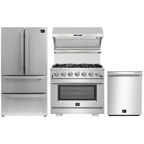 Forno 4-Piece Pro Appliance Package - 36-Inch Gas Range, Wall Mount Hood with Backsplash, 36-Inch French Door Refrigerator, and Dishwasher in Stainless Steel - AP4-6260-36