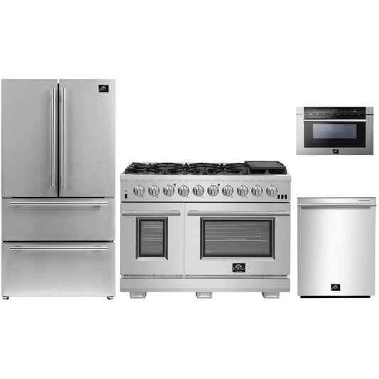 Forno 4-Piece Pro Appliance Package - 48-Inch Gas Range, Refrigerator, 24-Inch Microwave Drawer, & 3-Rack Dishwasher in Stainless Steel - AP4-6260-48-MWD