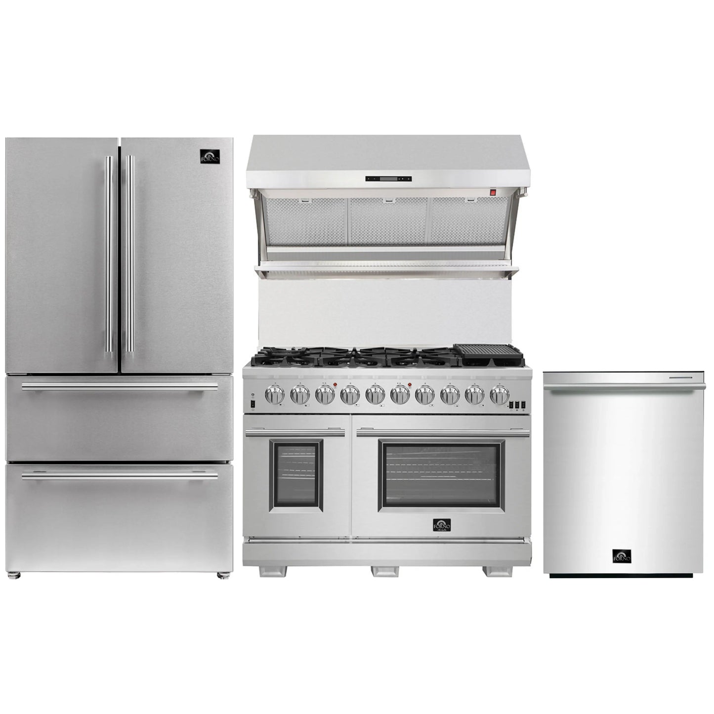Forno 4-Piece Pro Appliance Package - 48-Inch Gas Range, Premium Hood, French Door Refrigerator, and Dishwasher in Stainless Steel - AP4-6260-48