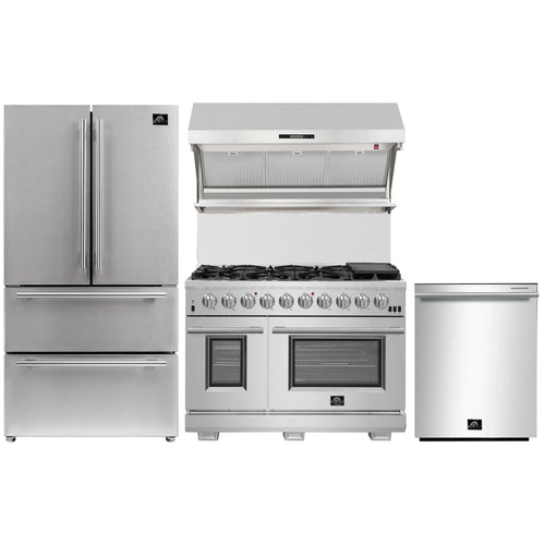 Forno 4-Piece Pro Appliance Package - 48-Inch Gas Range, Premium Hood, French Door Refrigerator, and Dishwasher in Stainless Steel - AP4-6260-48