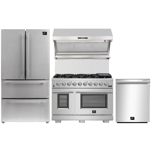 Forno 4-Piece Pro Appliance Package - 48-Inch Gas Range, Premium Hood, French Door Refrigerator, and Dishwasher in Stainless Steel - AP4-6260-48