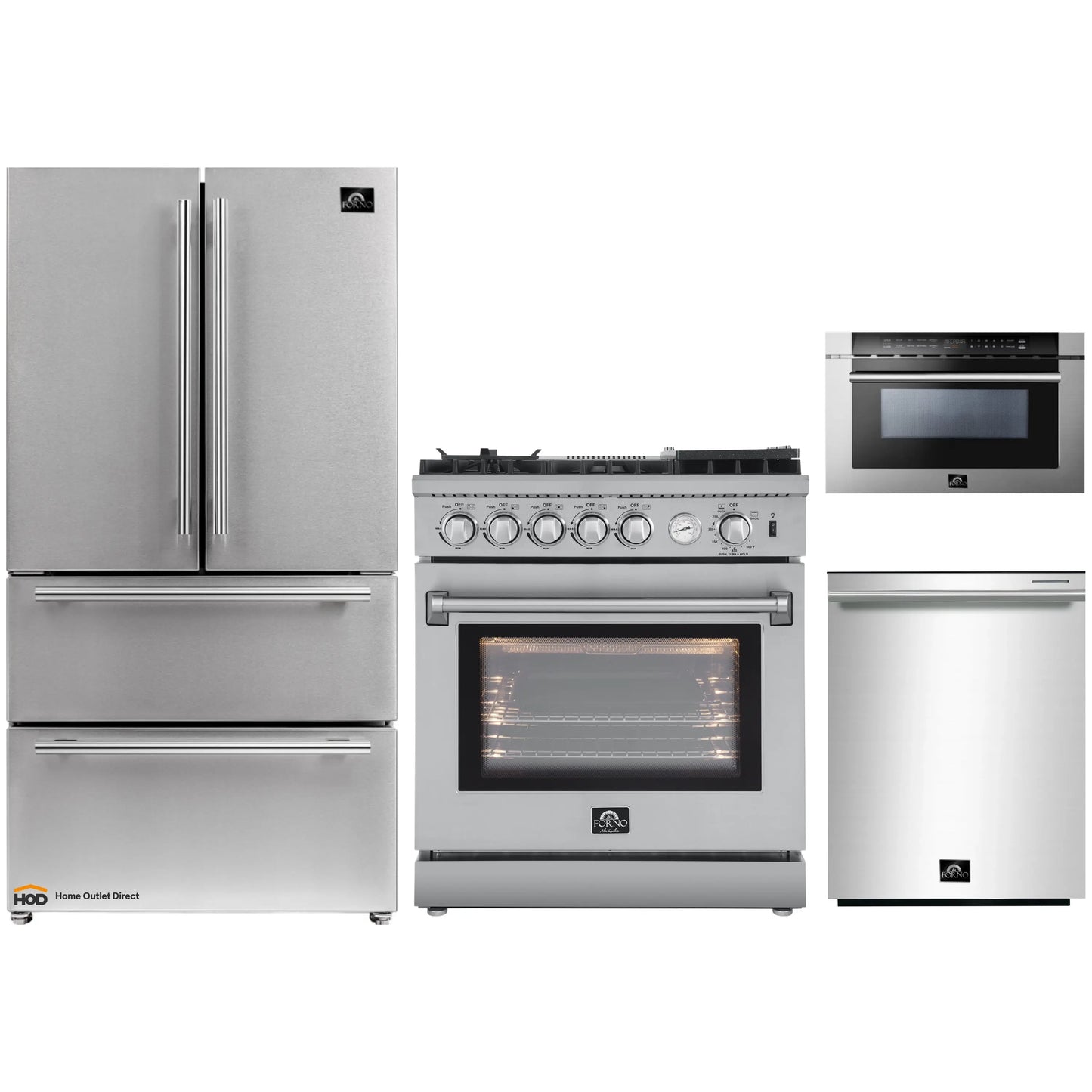Forno 4-Piece Appliance Package - 30-Inch Gas Range with Air Fryer, Refrigerator, 24-Inch Microwave Drawer, & 3-Rack Dishwasher in Stainless Steel - AP4-6276-30-MWD