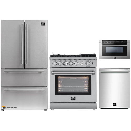 Forno 4-Piece Appliance Package - 30-Inch Gas Range with Air Fryer, Refrigerator, 24-Inch Microwave Drawer, & 3-Rack Dishwasher in Stainless Steel - AP4-6276-30-MWD