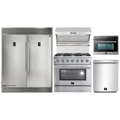 Forno 5-Piece Appliance Package - 36-Inch Gas Range, 60-Inch Pro-Style Refrigerator, Wall Mount Hood with Backsplash, 24-Inch Microwave Oven, & 3-Rack Dishwasher in Stainless Steel - AP5-60S-6244-36-MWO