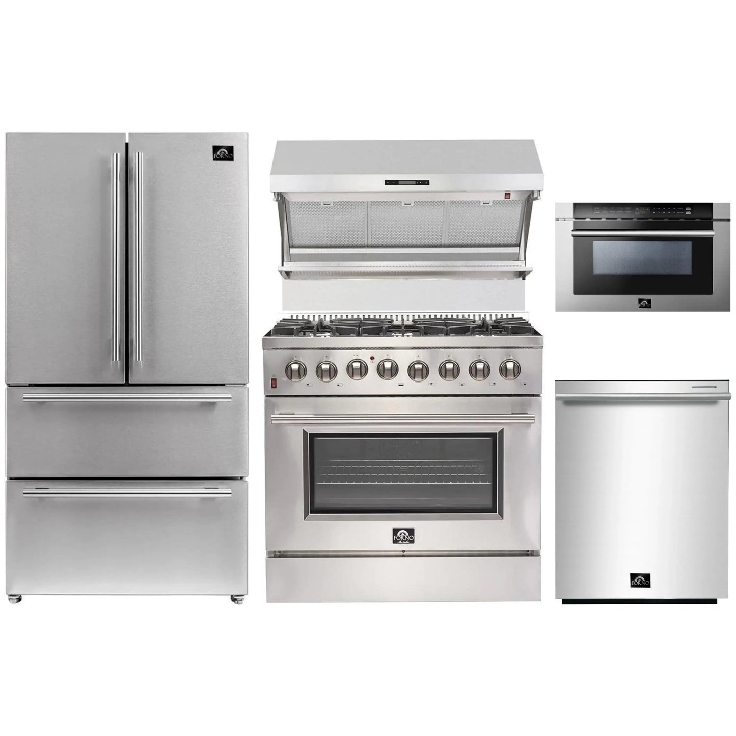 Forno 5-Piece Appliance Package - 36-Inch Dual Fuel Range, Refrigerator, Wall Mount Hood with Backsplash, 24-Inch Microwave Drawer, & 3-Rack Dishwasher in Stainless Steel - AP5-6156-36-MWD
