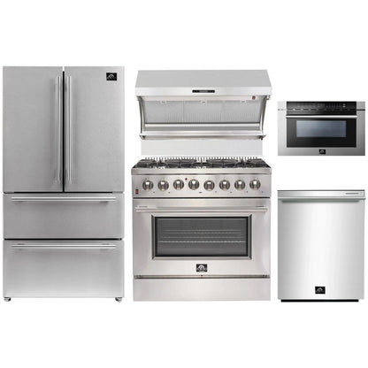 Forno 5-Piece Appliance Package - 36-Inch Dual Fuel Range, Refrigerator, Wall Mount Hood with Backsplash, 24-Inch Microwave Drawer, & 3-Rack Dishwasher in Stainless Steel - AP5-6156-36-MWD