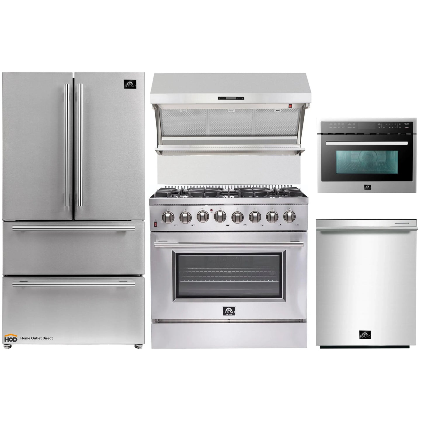 Forno 5-Piece Appliance Package - 36-Inch Dual Fuel Range, Refrigerator, Wall Mount Hood with Backsplash, 24-Inch Microwave Oven, & 3-Rack Dishwasher in Stainless Steel - AP5-6156-36-MWO