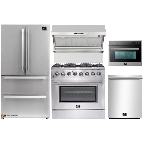 Forno 5-Piece Appliance Package - 36-Inch Dual Fuel Range, Refrigerator, Wall Mount Hood with Backsplash, 24-Inch Microwave Oven, & 3-Rack Dishwasher in Stainless Steel - AP5-6156-36-MWO