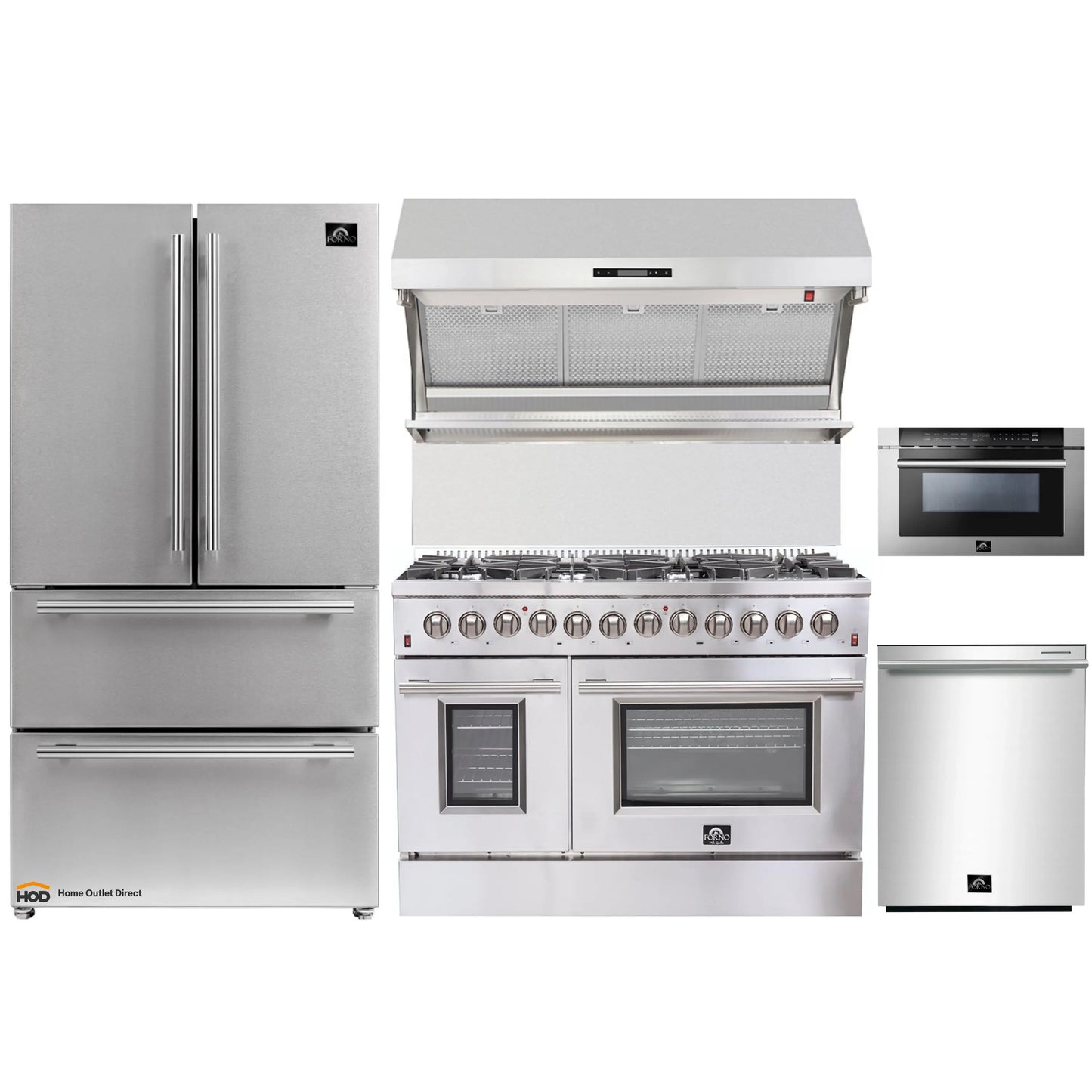 Forno 5-Piece Appliance Package - 48-Inch Dual Fuel Range, Refrigerator, Wall Mount Hood with Backsplash, 24-Inch Microwave Drawer, & 3-Rack Dishwasher in Stainless Steel - AP5-6156-48-MWD