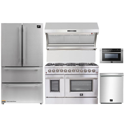 Forno 5-Piece Appliance Package - 48-Inch Dual Fuel Range, Refrigerator, Wall Mount Hood with Backsplash, 24-Inch Microwave Drawer, & 3-Rack Dishwasher in Stainless Steel - AP5-6156-48-MWD